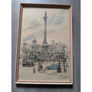 Vintage Trafalgar Square Watercolor Print Framed Signed J.W. Ketterson 1940s